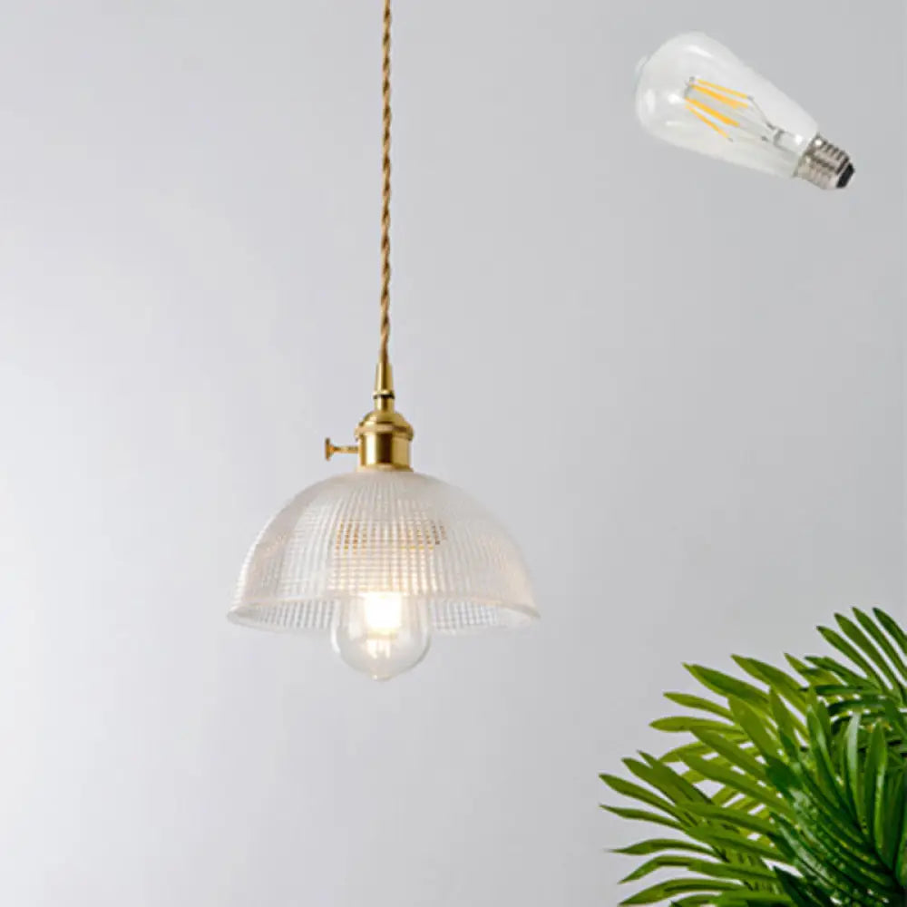 Brass Shaded Textured Glass Pendant Light - Antique 1-Light Fixture For Restaurants / G