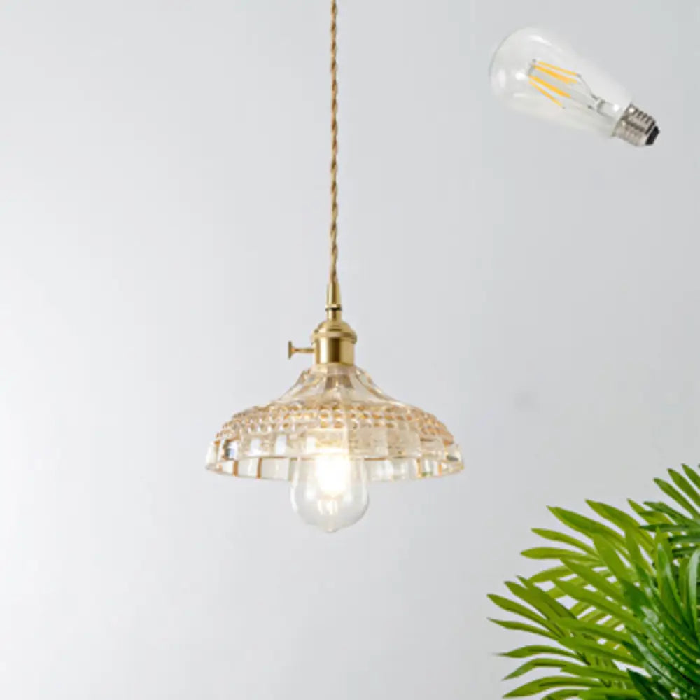 Brass Shaded Textured Glass Pendant Light - Antique 1-Light Fixture For Restaurants / H