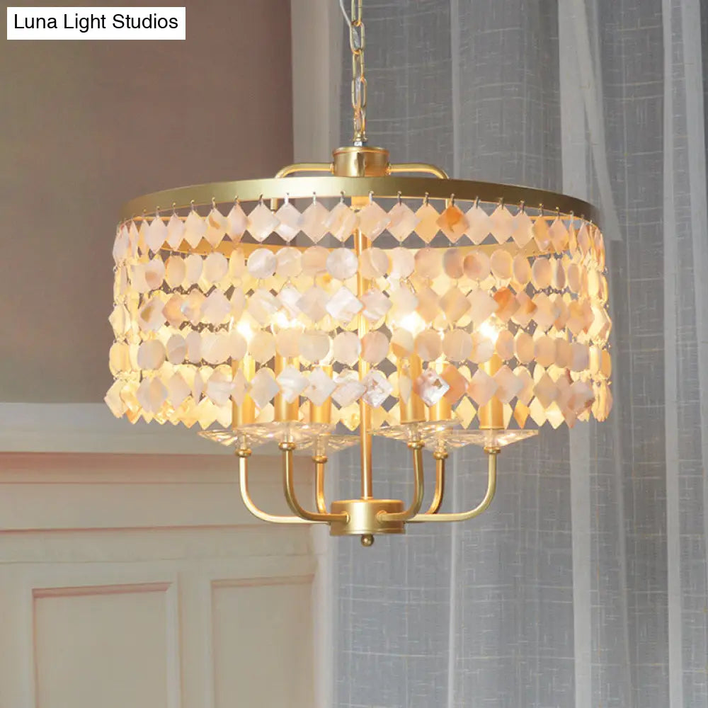 Brass Shell Suspended Ceiling Chandelier With Traditional Drum Design - 4/6 Bulbs