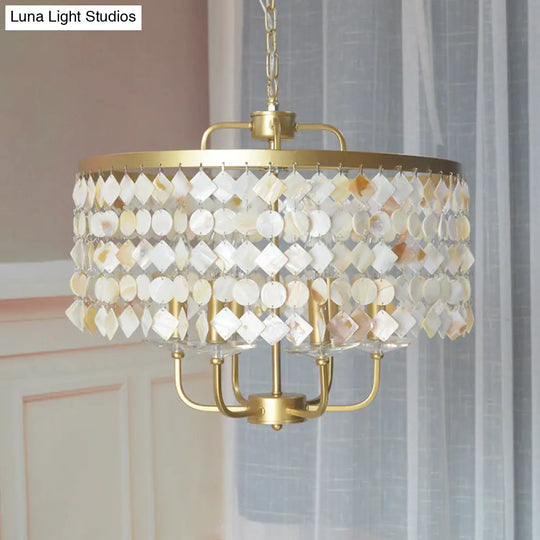 Brass Shell Suspended Ceiling Chandelier With Traditional Drum Design - 4/6 Bulbs