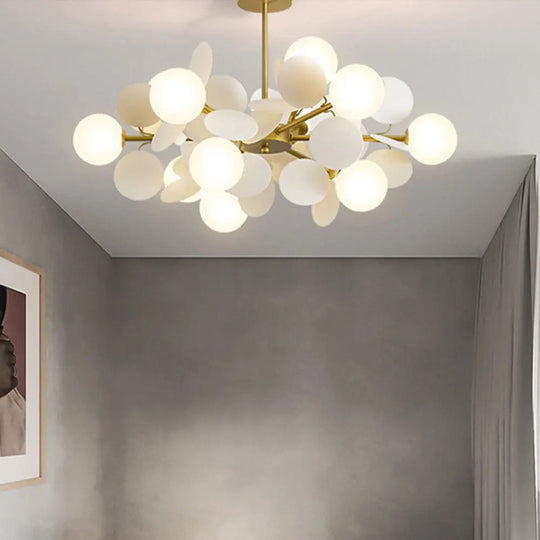 Brass Sphere Chandelier Lamp Contemporary Milky Glass Pendant Lighting Fixture With Multi-Circle