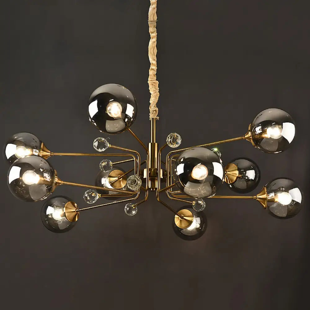 Brass Sputnik Ceiling Light: Postmodern Closed Glass Chandelier 10 / Smoke Gray