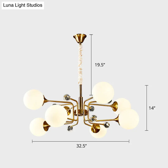 Sleek Brass Sputnik Bedroom Chandelier - Modern Glass Ceiling Light 8 / White