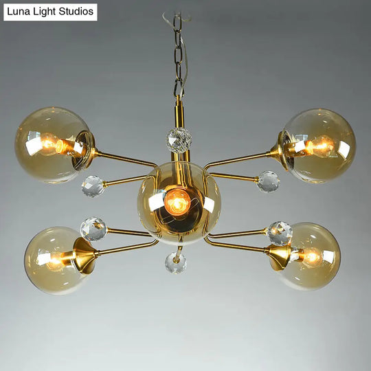 Sleek Brass Sputnik Bedroom Chandelier - Modern Glass Ceiling Light 6 / Amber