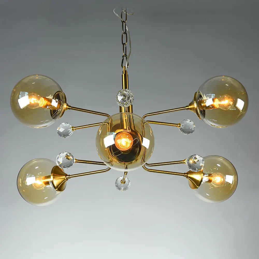 Brass Sputnik Ceiling Light: Postmodern Closed Glass Chandelier 6 / Amber