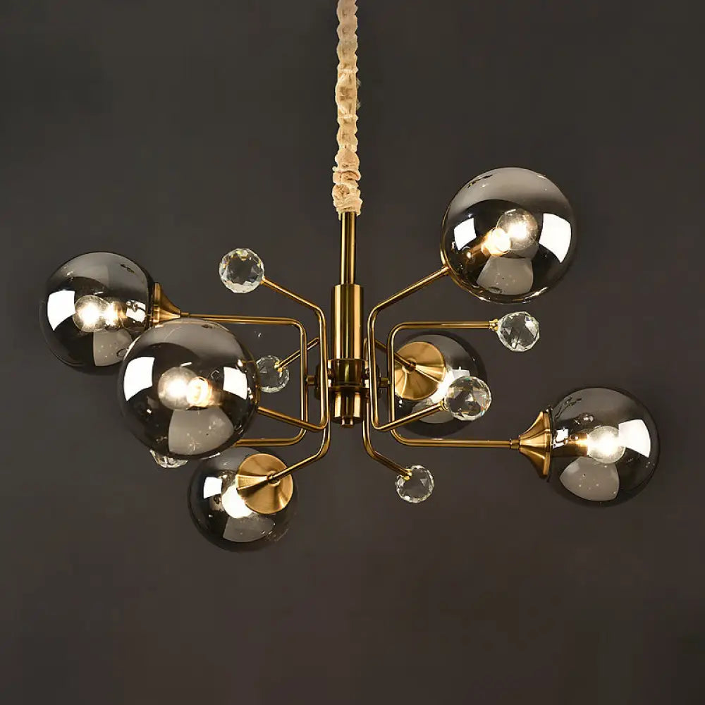 Brass Sputnik Ceiling Light: Postmodern Closed Glass Chandelier 6 / Smoke Gray