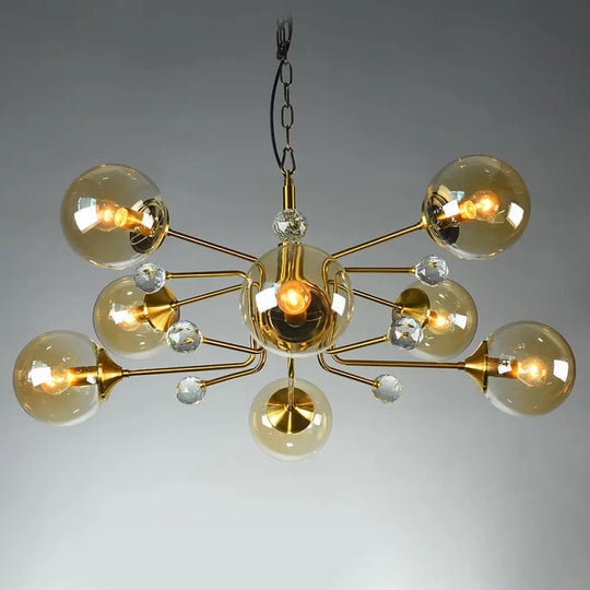 Brass Sputnik Ceiling Light: Postmodern Closed Glass Chandelier 8 / Amber