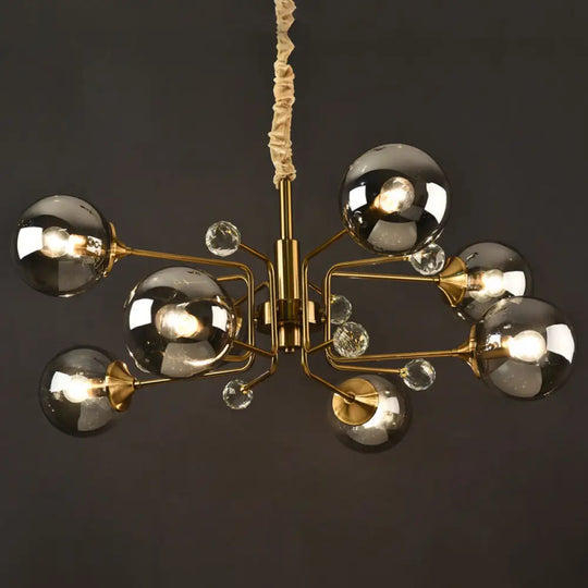 Brass Sputnik Ceiling Light: Postmodern Closed Glass Chandelier 8 / Smoke Gray