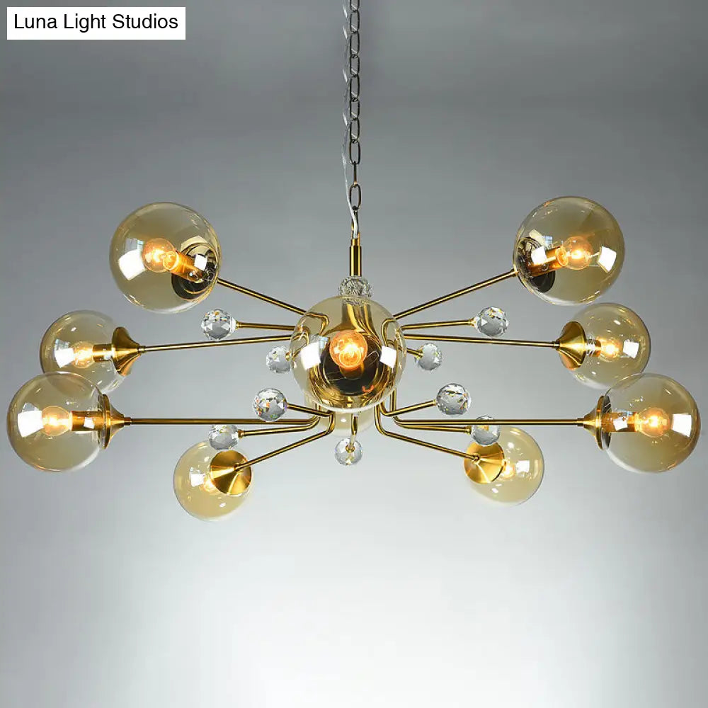 Sleek Brass Sputnik Bedroom Chandelier - Modern Glass Ceiling Light 10 / Amber