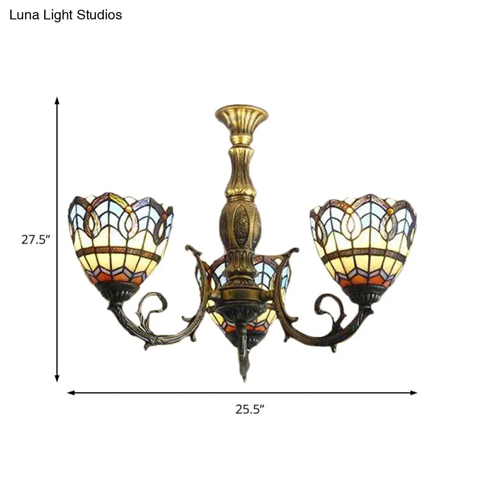 Brass Stained Glass Dome Chandelier - Baroque Tiffany Style 3-Light Hanging Fixture For Dining Room