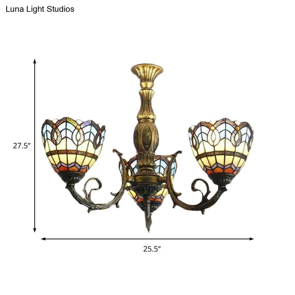 Baroque Tiffany Stained Glass Chandelier With 3 Lights For Dining Room In Brass