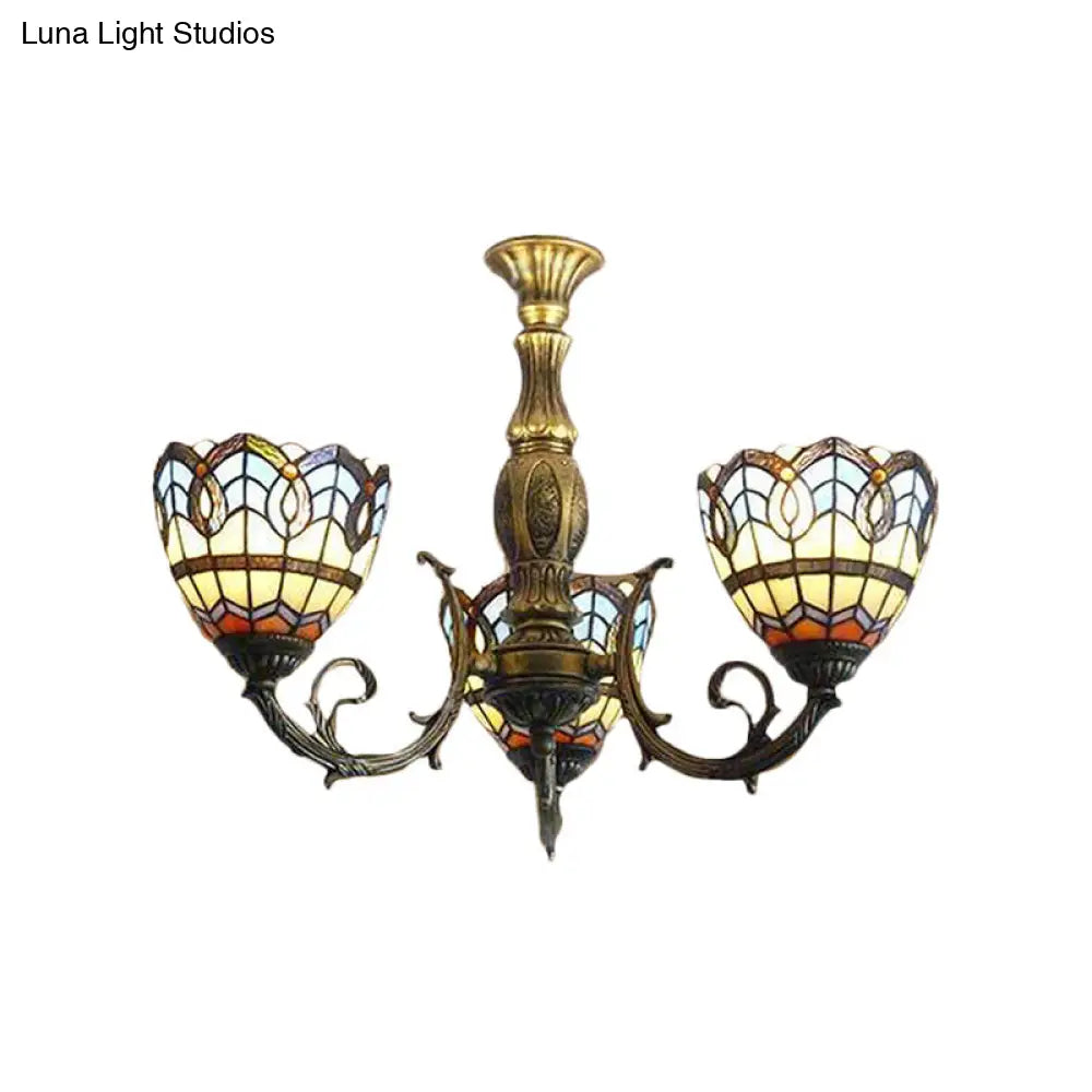 Baroque Tiffany Stained Glass Chandelier With 3 Lights For Dining Room In Brass