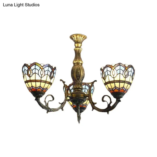 Baroque Tiffany Stained Glass Chandelier With 3 Lights For Dining Room In Brass