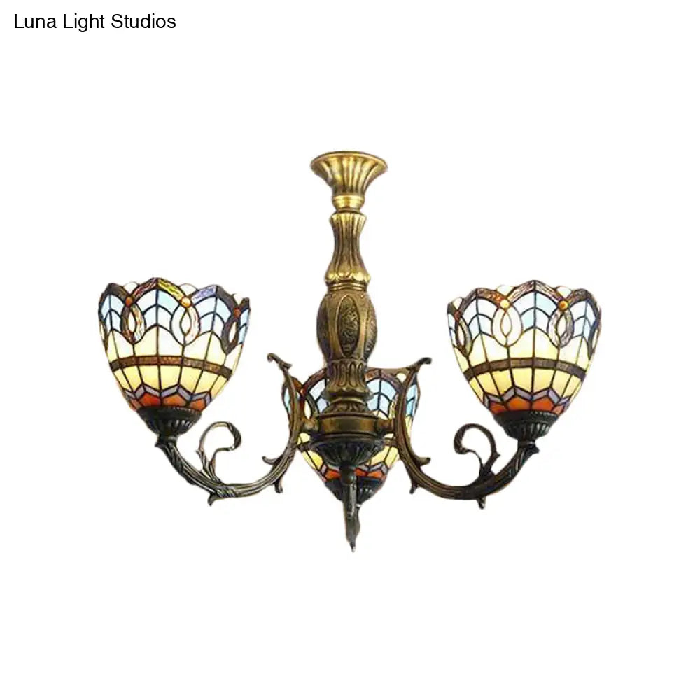 Brass Stained Glass Dome Chandelier - Baroque Tiffany Style 3-Light Hanging Fixture For Dining Room