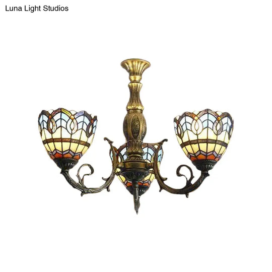 Brass Stained Glass Dome Chandelier - Baroque Tiffany Style 3-Light Hanging Fixture For Dining Room