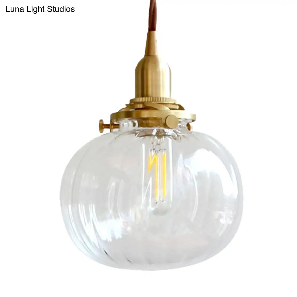 Brass Suspension Light Melon Shape Fluted Glass Pendant Lamp For Corridor