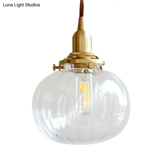 Brass Suspension Light Melon Shape Fluted Glass Pendant Lamp For Corridor