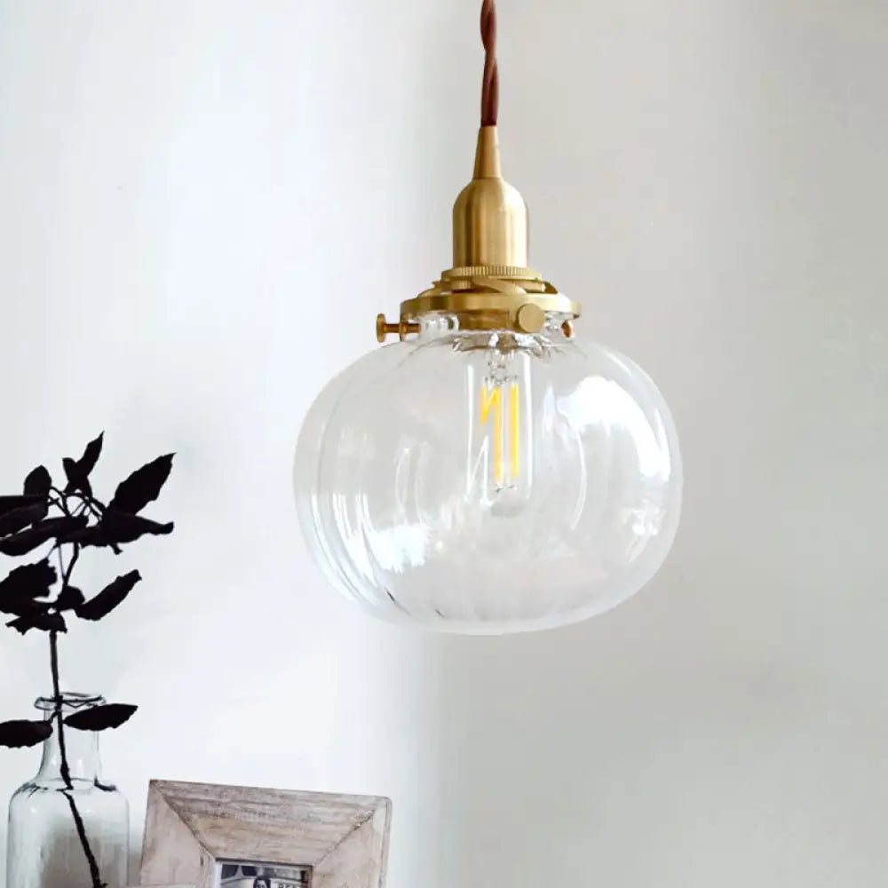 Brass Suspension Light Melon Shape Fluted Glass Pendant Lamp For Corridor Clear