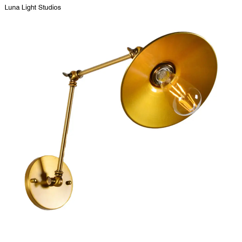 Brass Swing Arm Wall Lamp With Flared Shade - Industrial Style Metal Light