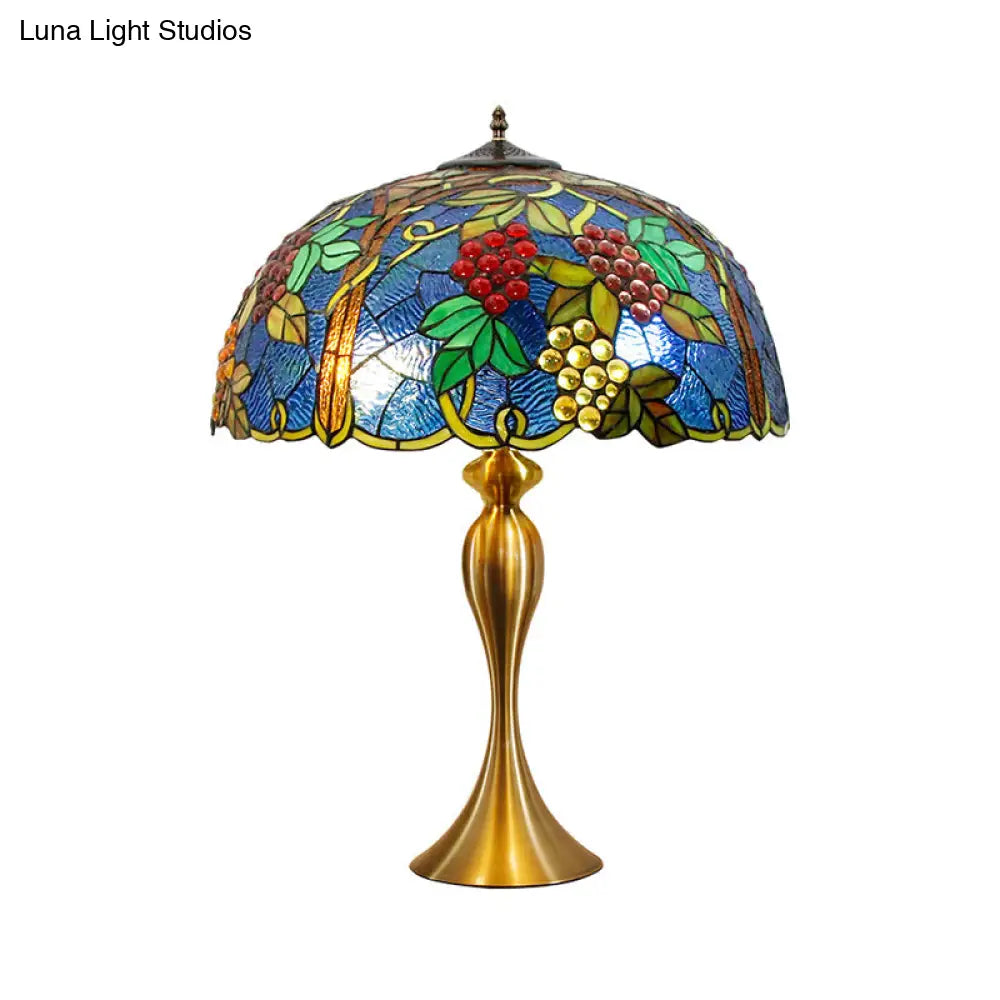 Brass Table Lamp: Dome Nightstand Lighting With Hand Cut Glass And Grapes Pattern