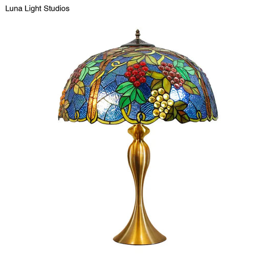 Brass Table Lamp: Dome Nightstand Lighting With Hand Cut Glass And Grapes Pattern