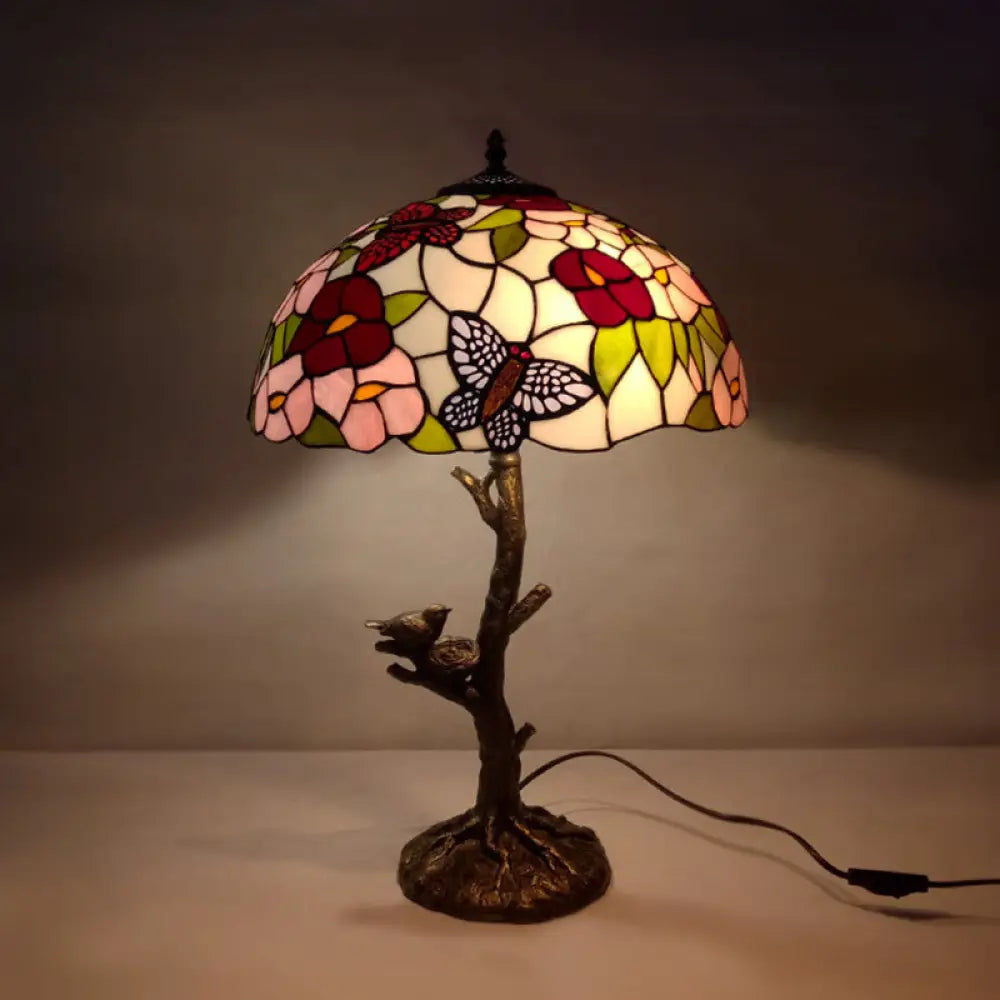 Brass Table Lamp: Stained Glass Leaf/Rose/Peony Tiffany Style Perfect For Bedroom Nightstand / Peony