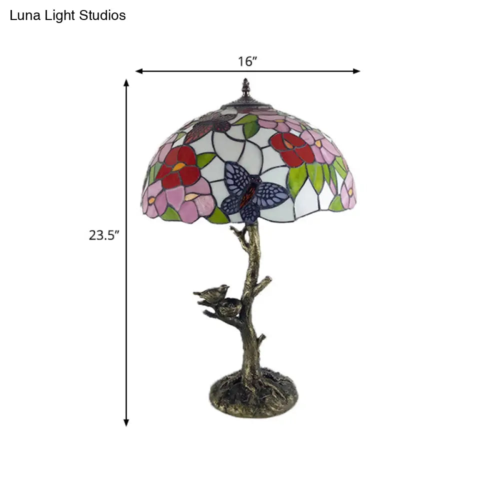 Brass Table Lamp: Stained Glass Leaf/Rose/Peony Tiffany Style Perfect For Bedroom Nightstand