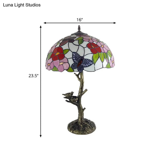 Brass Table Lamp: Stained Glass Leaf/Rose/Peony Tiffany Style Perfect For Bedroom Nightstand