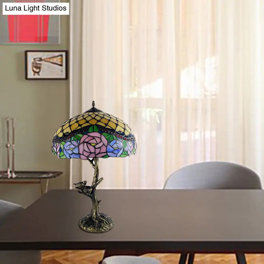 Brass Table Lamp: Stained Glass Leaf/Rose/Peony Tiffany Style Perfect For Bedroom Nightstand