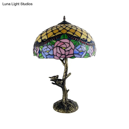 Brass Table Lamp: Stained Glass Leaf/Rose/Peony Tiffany Style Perfect For Bedroom Nightstand