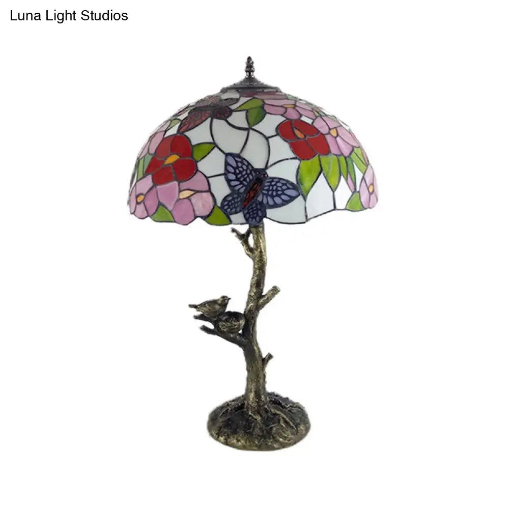 Brass Table Lamp: Stained Glass Leaf/Rose/Peony Tiffany Style Perfect For Bedroom Nightstand