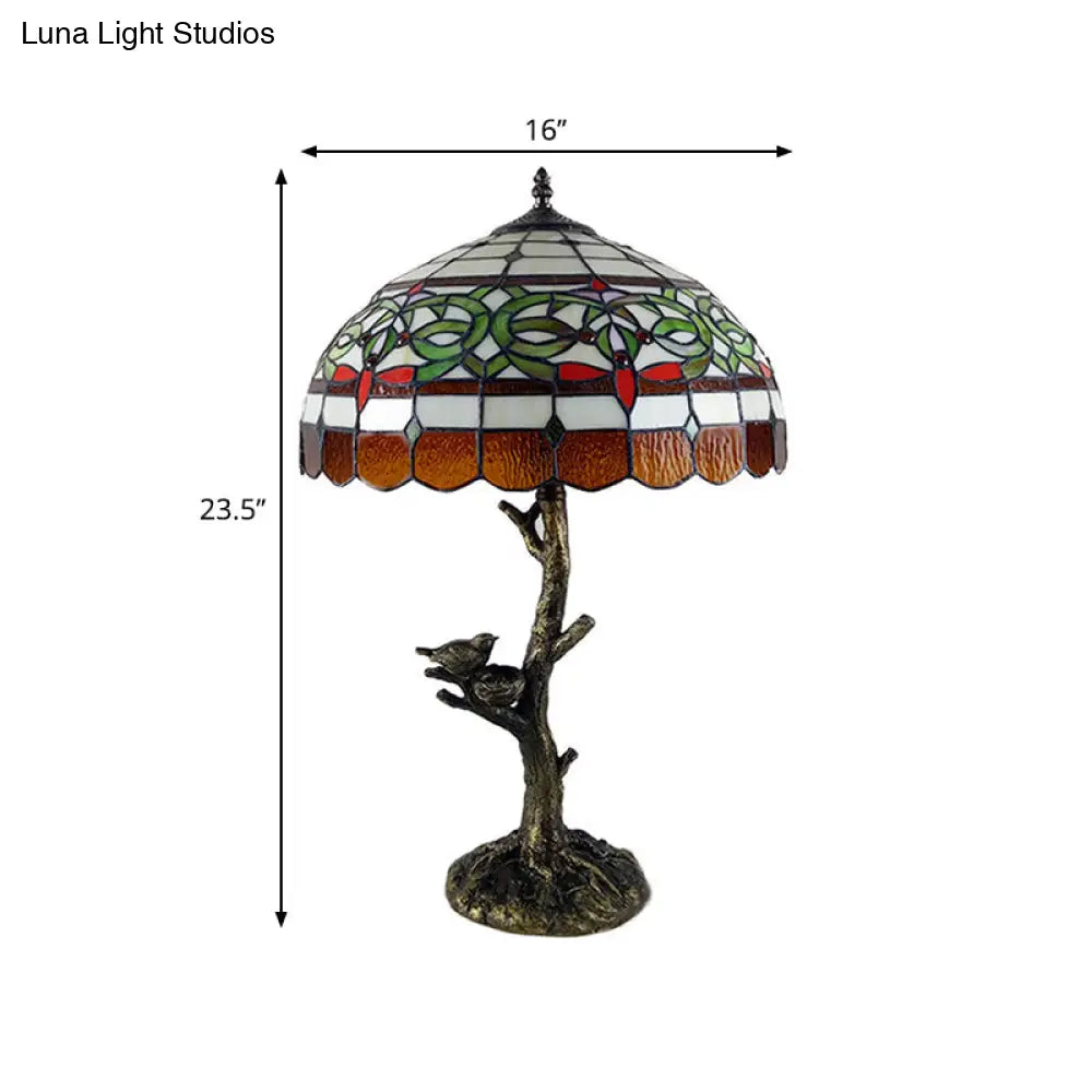 Brass Table Lamp: Stained Glass Leaf/Rose/Peony Tiffany Style Perfect For Bedroom Nightstand