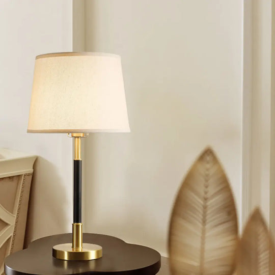 Brass Table Lamp - Traditional Tapered Drum Fabric Nightstand Lighting For Living Room