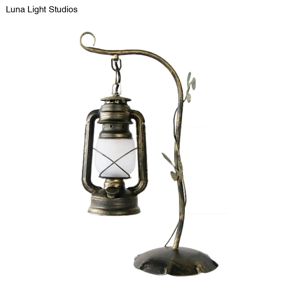 Brass Table Lamp With Frosted Glass Shade - Kerosene Inspired Design Bedroom Desk Lighting