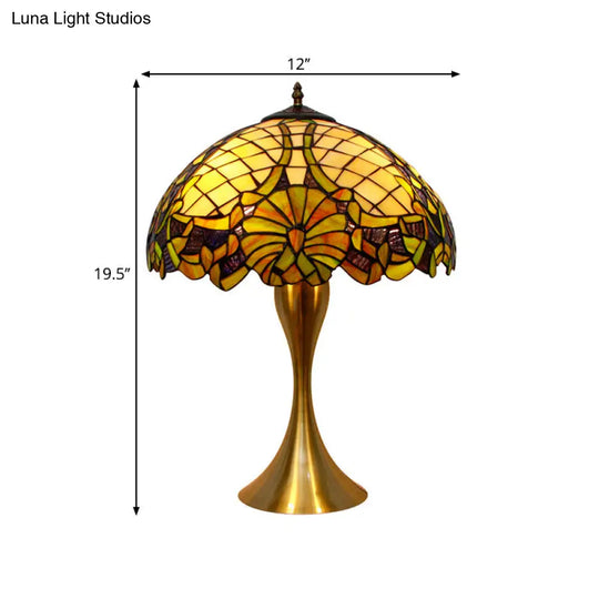 Brass Table Lamp With Hand-Cut Glass Shade - Baroque Style 1-Light Nightstand Illuminator Pull-Chain