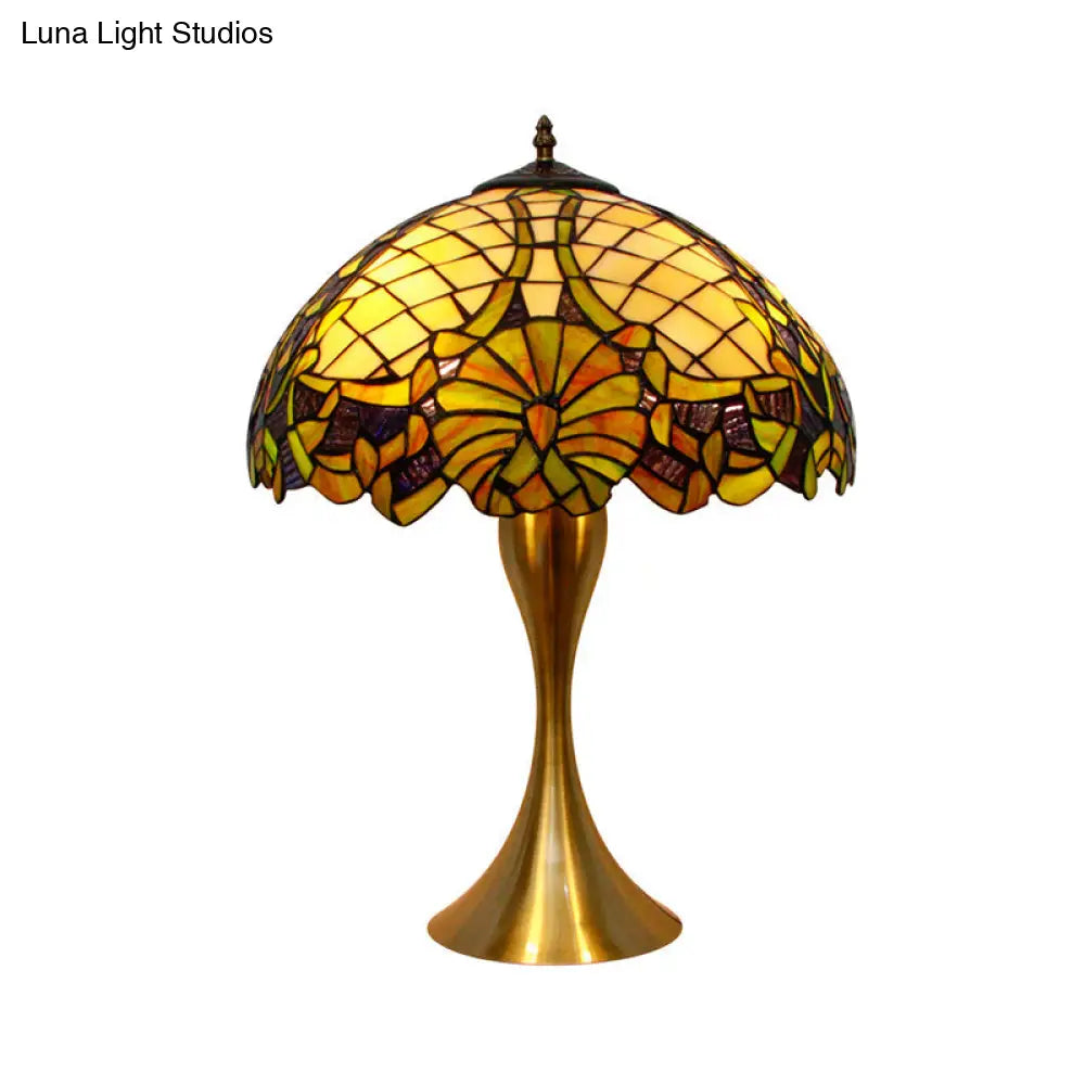 Brass Table Lamp With Hand-Cut Glass Shade - Baroque Style 1-Light Nightstand Illuminator Pull-Chain