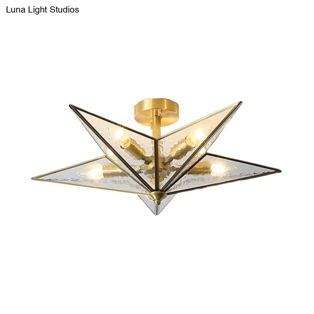 Brass Textured Glass Star Flush Mount Chandelier - Traditional Ceiling Fixture For Living Room (5