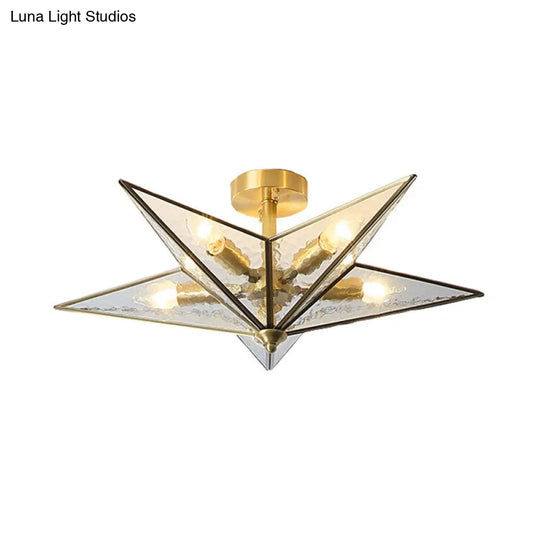 Brass Textured Glass Star Flush Mount Chandelier - Traditional Ceiling Fixture For Living Room (5