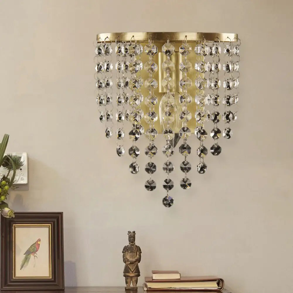 Brass-Toned Tapered Wall Sconce With Crystal Chain - Minimalist 1-Light Mounted Fixture Brass