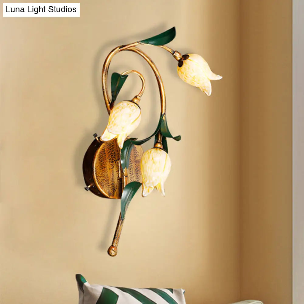 Brass Tulip Wall Mounted Sconce Light Fixture - Pastoral Style For Living Room 3 Bulbs Metal