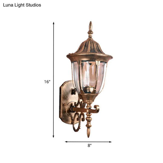 Brass Urn Wall Sconce Lamp With Clear Prismatic Glass - Outdoor 1-Light Fixture