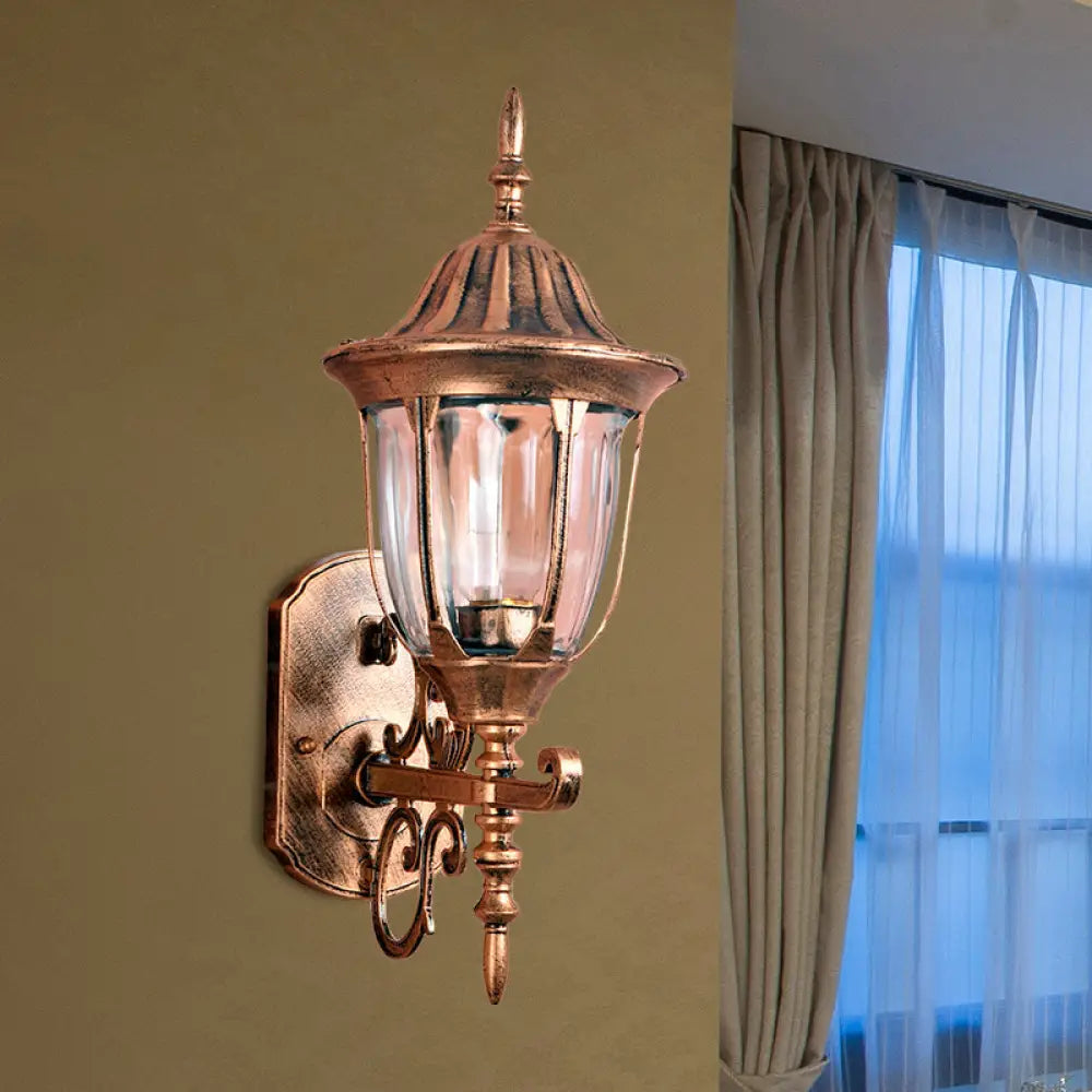 Brass Urn Wall Sconce Lamp With Clear Prismatic Glass - Outdoor 1-Light Fixture