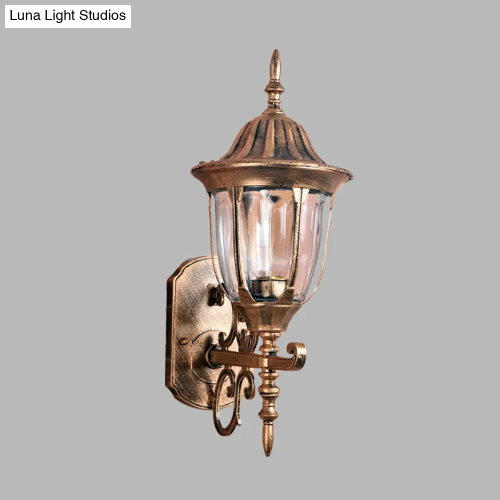 Brass Urn Wall Sconce Lamp With Clear Prismatic Glass - Outdoor 1-Light Fixture