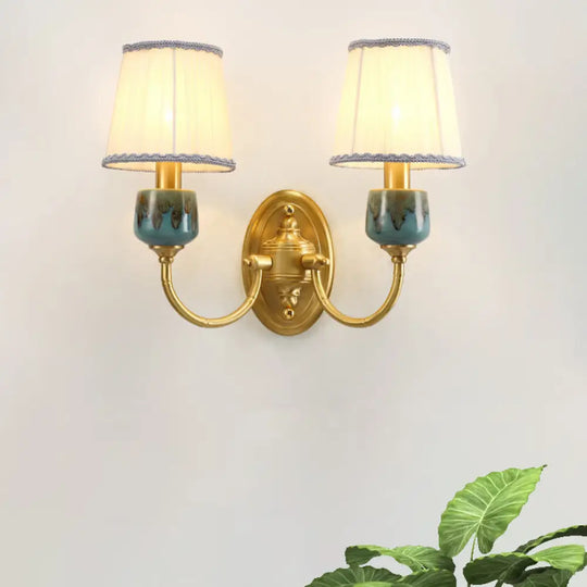 Brass Wall Hanging Light With Classic Swooping Arm And Fabric Shade 2 /