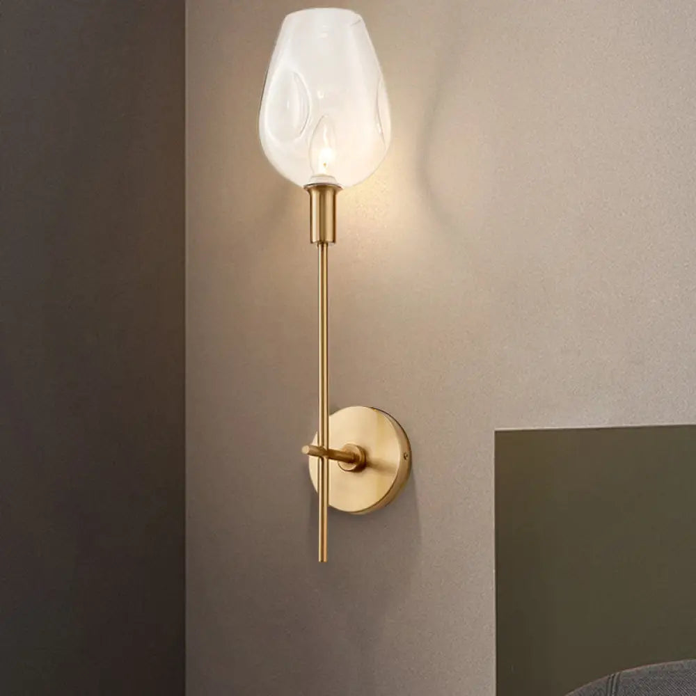 Brass Wall Lamp With Clear Wine Glass Shade & Modern Pencil Arm Design