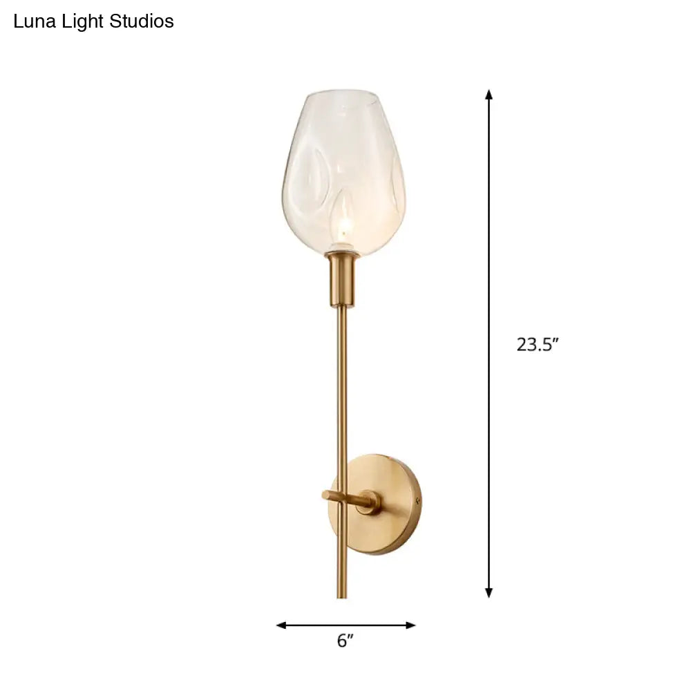 Brass Wall Lamp With Clear Wine Glass Shade & Modern Pencil Arm Design