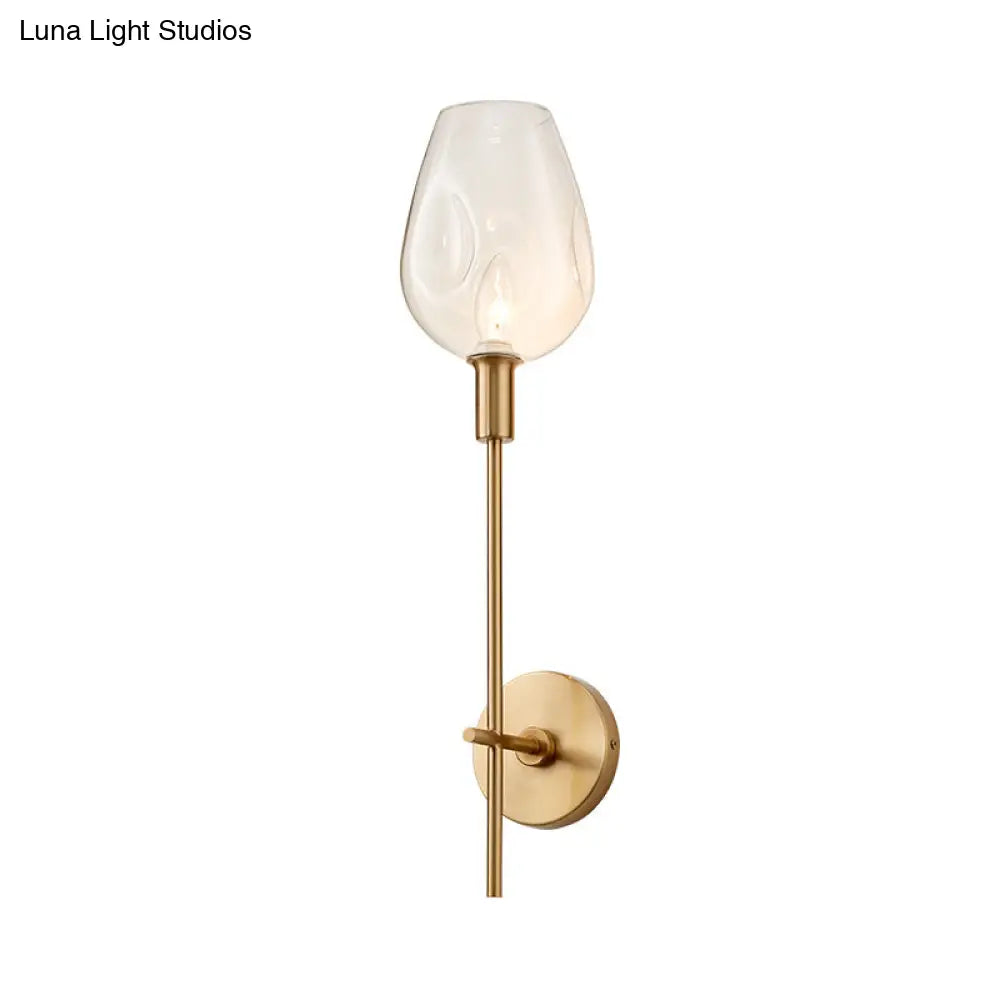 Brass Wall Lamp With Clear Wine Glass Shade & Modern Pencil Arm Design