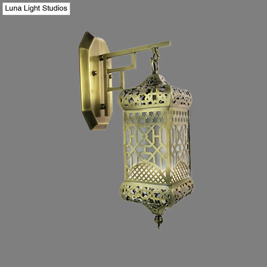 Brass Wall Light Fixture Lantern - Arab Lamp For Corridor Antiqued Metal Mounted 1