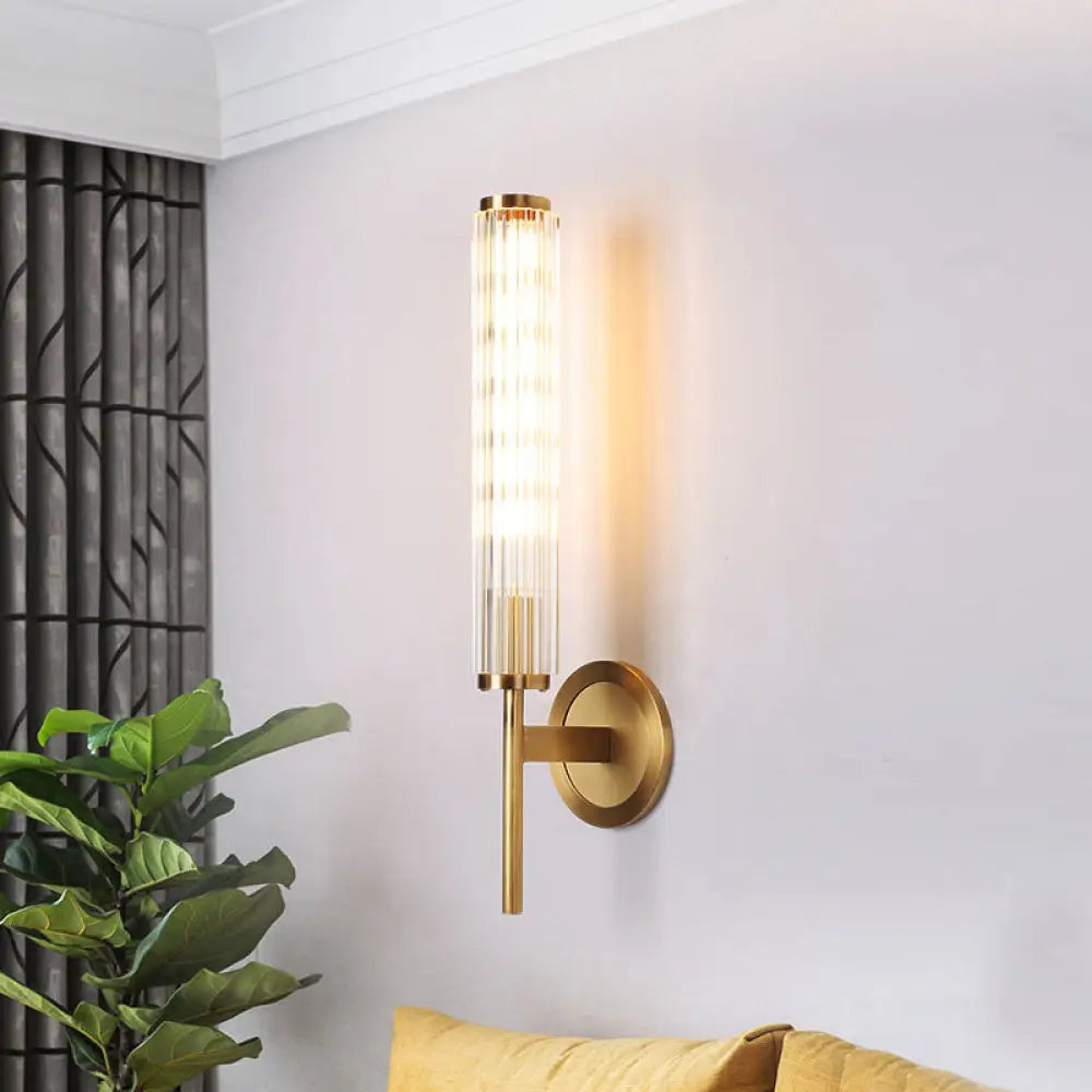 Brass Wall Mount Cylinder Crystal Light - Contemporary Fixture