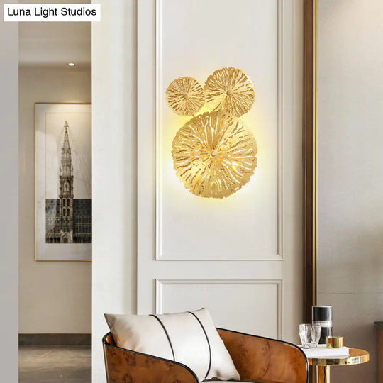 Brass Wall Mount Lamp Asian Style - 3/6/7 Heads Gold Finish Etched Lotus Leaf Sconce